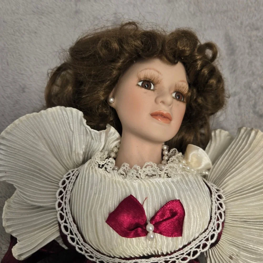 Vintage Porcelain Doll 16 Inch Burgundy Floral Dress Lace Ruffles Victorian